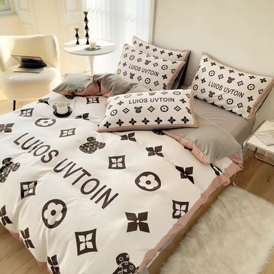 Beliebtheit Baumwolle 4-in-1-Bettwäsche Set Braun Weiß Königgröße Decke Deckel Bettwäsche