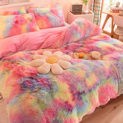 Home Hotel Hochzeit Regenbogen Farbe Falsches Pelz Samt Flauschig Plüssig Weiches Bettwäsche Set 4 Stück