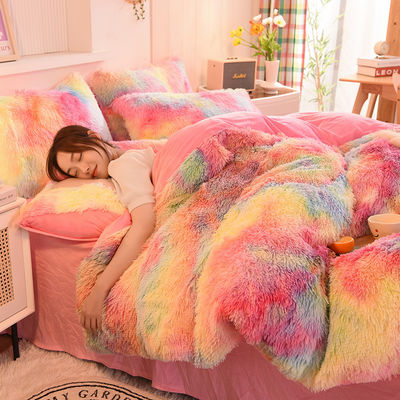 Home Hotel Hochzeit Regenbogen Farbe Falsches Pelz Samt Flauschig Plüssig Weiches Bettwäsche Set 4 Stück