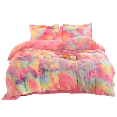 Home Hotel Hochzeit Regenbogen Farbe Falsches Pelz Samt Flauschig Plüssig Weiches Bettwäsche Set 4 Stück