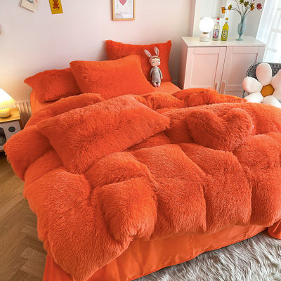 Bright Orange Luxury Shaggy Warm Mink Samt Kristall Bettwäsche Set für 1,8 m 6 Fuß Betten