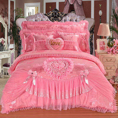 Hotel Hochzeit Essential 100% Baumwolle Samt Spitze Bettwäsche Set mit eingesetzten Rock Blätter
