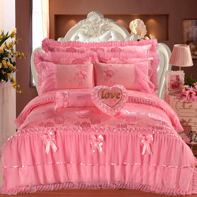 Hotel Hochzeit Essential 100% Baumwolle Samt Spitze Bettwäsche Set mit eingesetzten Rock Blätter