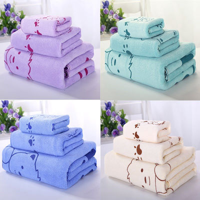 Zuhause/Hotel Korallenfleece Soft Towel Set Mikrofiber Bärendruck Badetücher Dreier-Set