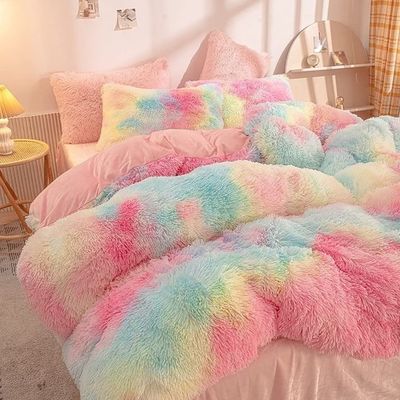 200TC Fadenzähler Bettwäsche Set Falsches Fell Decke Mink Regenbogen Pluss Flauschig Luxus-Fitted Laken Set