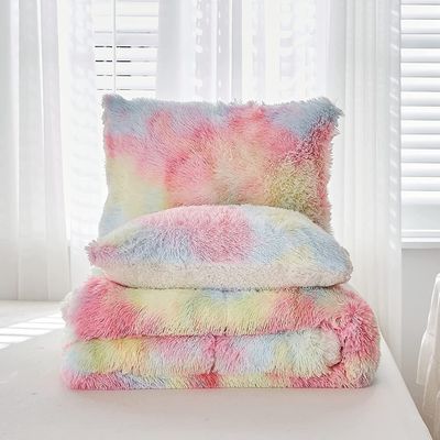 200TC Fadenzähler Bettwäsche Set Falsches Fell Decke Mink Regenbogen Pluss Flauschig Luxus-Fitted Laken Set