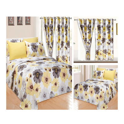 Zuhause 100% Polyester Gelb Floral Print Bettwäsche Set mit 2 Vorhänge 8 Stück