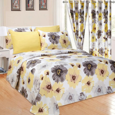 Zuhause 100% Polyester Gelb Floral Print Bettwäsche Set mit 2 Vorhänge 8 Stück