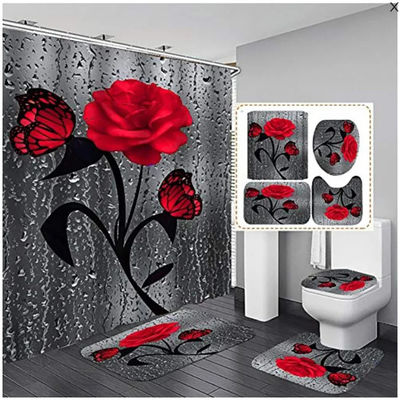Customized Rose Flower 100% Polyester Wasserdicht Duschvorhang Badezimmer 4 Stück Set Top-