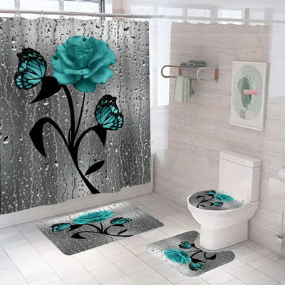 Customized Rose Flower 100% Polyester Wasserdicht Duschvorhang Badezimmer 4 Stück Set Top-
