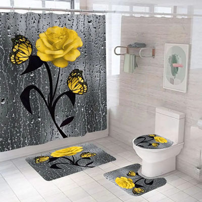 Customized Rose Flower 100% Polyester Wasserdicht Duschvorhang Badezimmer 4 Stück Set Top-