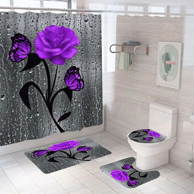 Customized Rose Flower 100% Polyester Wasserdicht Duschvorhang Badezimmer 4 Stück Set Top-