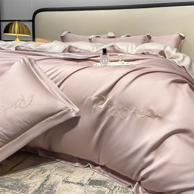 Feste Farbe Leichte Luxus gewaschene Seiden Stickerei 4 Stück Bettwäsche Set mit Fittblatt