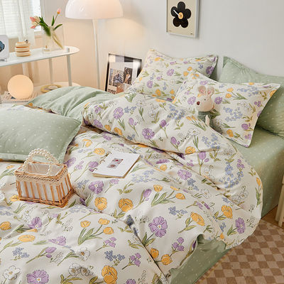 Pflanzenmuster Baumwolle Bürste Bettwäsche Set für 2,2m 7 Fuß Bett Einfaches Design